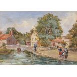 F. R.S. (British school 19th/20th Century) Figures beside a Village Bridge, Watercolour, Signed with