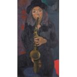 Ken SYMONDS (British 1927-2010) Chrissie Playing Sax, Oil on board, Signed lower left, signed,