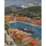 20th Century Continental School Boniacio Corsica - harbour from the citadel, Oil on board, Inscribed