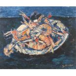 Yvonne MOTTET (French 1906-1968) Langoustine on a Plate, Oil on board, Signed lower right, 14.5" x