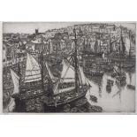Clarence E BLACKBURN (British 1914-1984) Brixham - busy harbour, Engraving, Signed lower right,