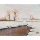 K JAMES (British 20th Century) Loan House in a Winter Landscape, Oil on board, Signed lower right,
