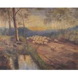 M P (British 19th/20th Century) Sheep and Drover on a Country Lane, Oil on canvas, Signed with