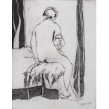 YUS (British 20th/21st Century) Nude Seated on a Bed, Etching, Signed and dated '09, 8.75" x 6.
