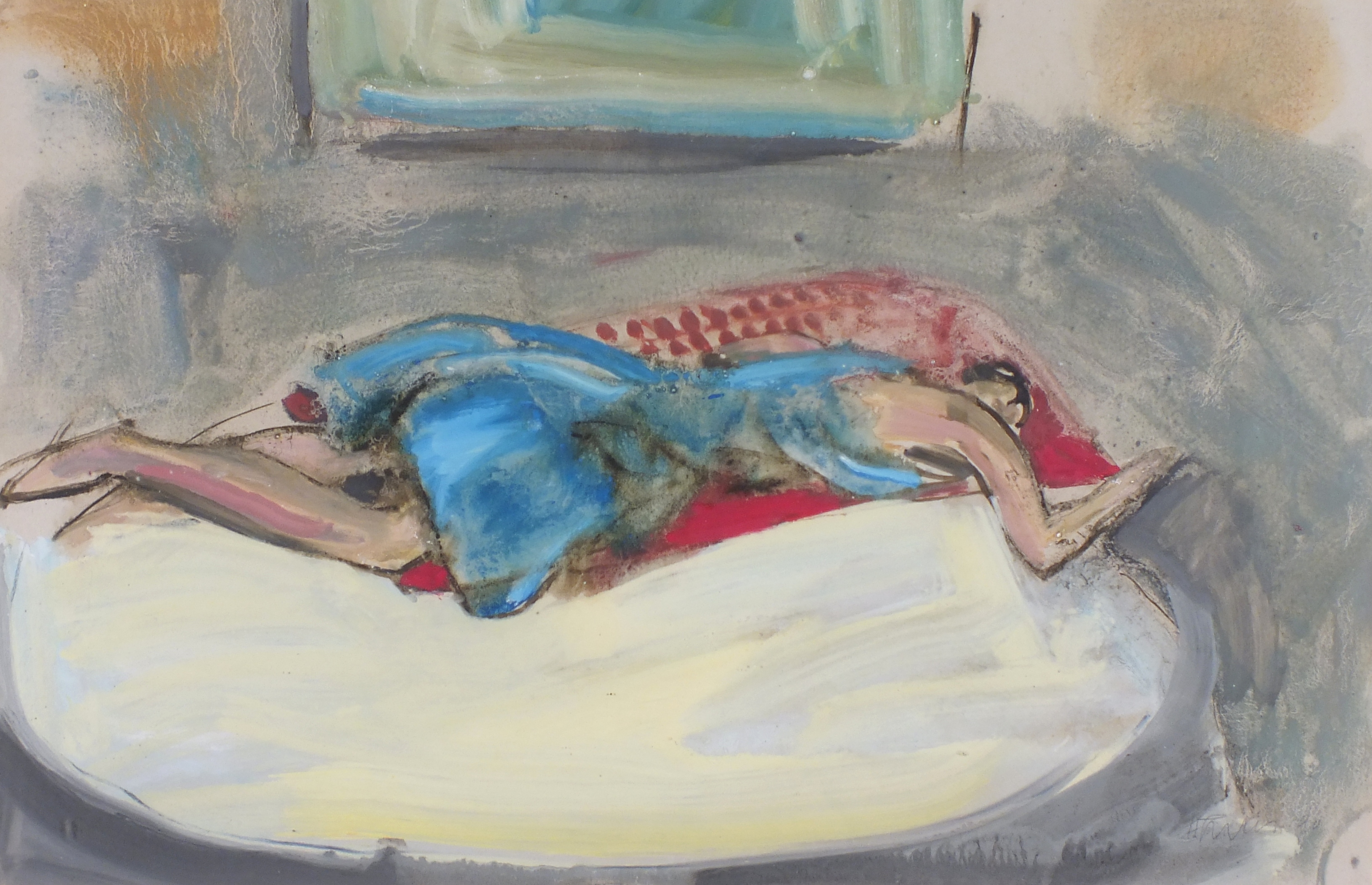 British School, Mid-late 20th century, watercolour of a figure laying down next to an opening,