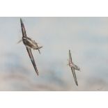 DAVIES (20th Century) Hawker Hurricane Pursued by ME109, Watercolour, Signed lower right, 12.25" x