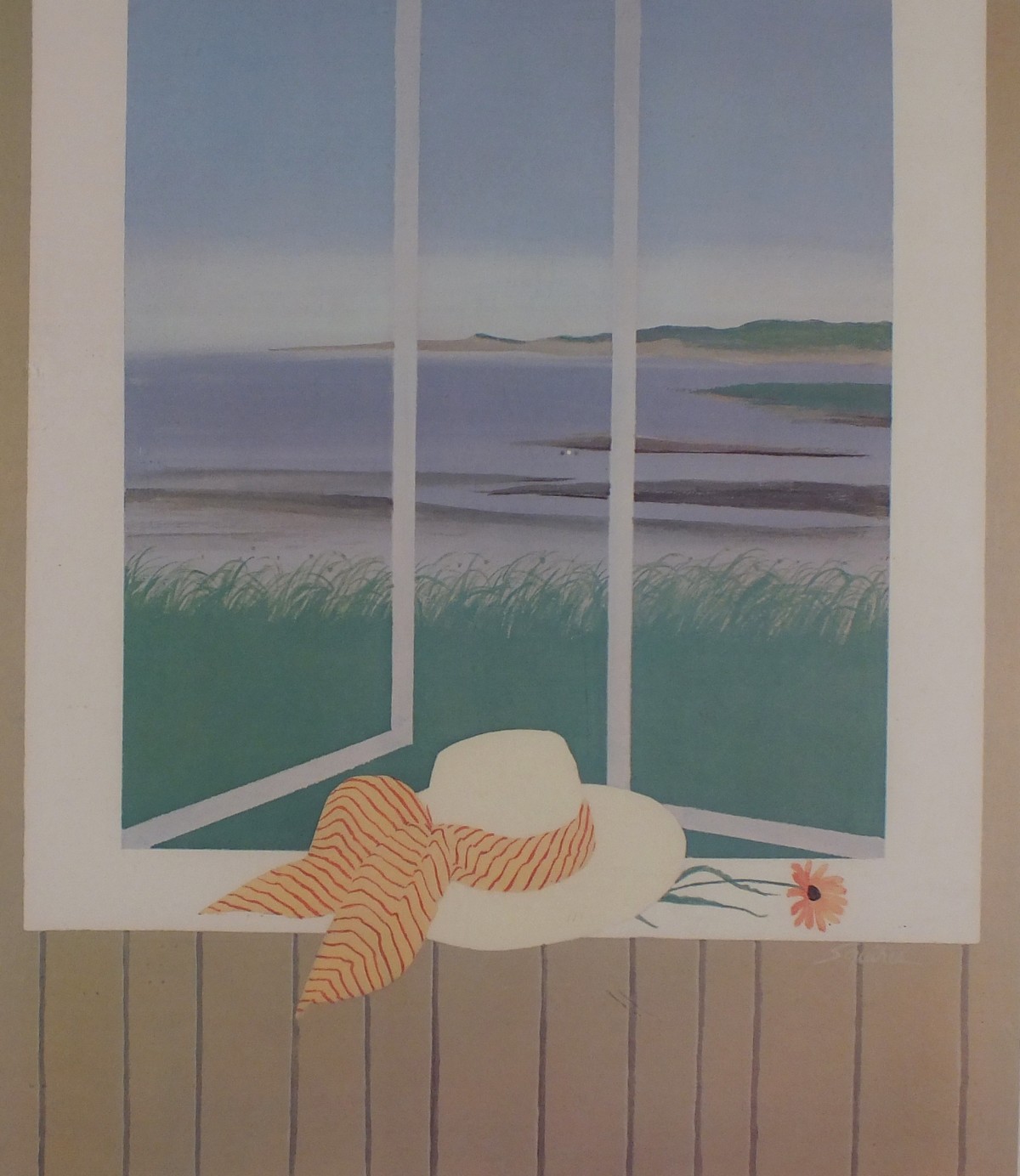 British School, Mid-late 20th century, Lithograph of a coastline from an open window, signed '