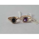 A amethyst cluster ring 9ct size T - 1.7 gms and sapphire cluster ring size O - 2.3 gms