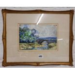 ALFRED EAST RA, river landscape with figures on bridge, 6.5" x 10" EX John Magee Fine Art Dealer,