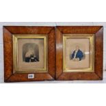 EARLY VICTORIAN SCHOOL, lady and gent sat in chairs, 6" x 4" in oak and gilt frames