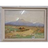 CHARLES E BRITTAN, cattle in a Dartmoor landscape, 14" x 20" signed