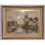 HENRY KINNARD, Ludlow Castle from the river with ducks, 15" x 22" signed and enscribed