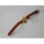 A LADIES HALF HUNTER WRIST WATCH WITH SECONDS DIAL 18CT GOLD W/O ON LEATHER STRAP