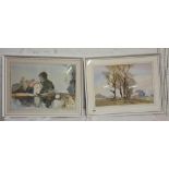 J.A WALKER?, a homestead and a riverside house, 13" x 19", a pair, one signed
