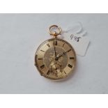 A GOOD GENTS POCKET WATCH WITH FANCY DIAL AND SECONDS DIAL 14CT GOLD - 70 GMS