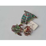 Two plique ajour brooches butterfly and fish