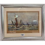 MONOGRAMED SK, 1909, shipping in mouth of river, 6.5" x 11" signed and dated