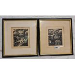 Initialed FM, pair of black and white prints of war scenes