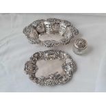 Two embossed and pierced oval dishes one B'ham 1899 and a jar