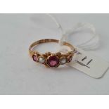 A Victorian five stone garnet and pearl ring 12ct gold size Q