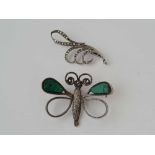 Two silver brooches one x butterfly and one x marcasite