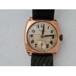 A ladies square faced wrist watch by BRAVINGTONS 9ct with seconds dial W/O damaged glass