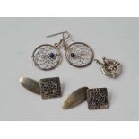 A pair of silver cufflinks cobweb earrings etc.