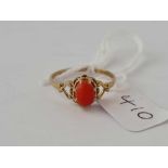A 9ct coral ring size L 1.3g inc