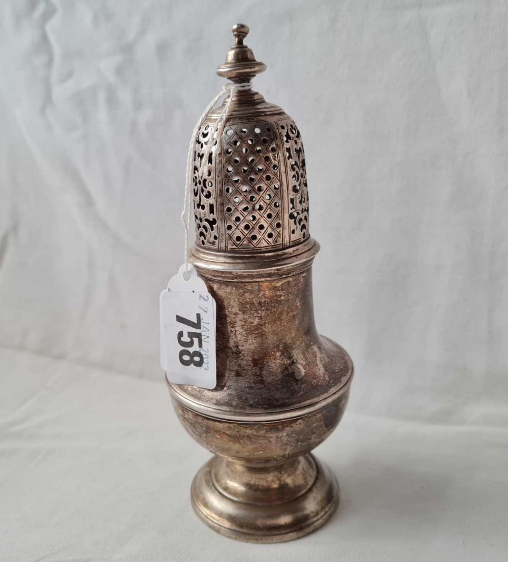 George II baluster shape caster with baluster finial. 6.5" high. Marked on base & cover. London 1734 - Image 2 of 2