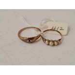 Two antique gold rings one x five pearl set (one pearl missing ) and Victorian single stone