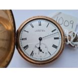 Rolled gold gents hunter pocket watch by AWWC Co with seconds dial