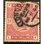 GB. 1883. 5/- red, part London Hood cancel, SG 181. Cat £250.