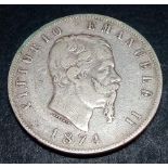 1874 Italy silver five Lira
