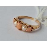 A Victoraincoral and pearl ring 18ct gold (tested) size L 1/2 - 3.9 gms