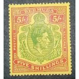 BERMUDA SG118 (1938). 5sh on chalky paper mint, normal streky gum. Cat £140