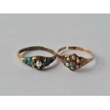 A early Victorian turquoise and pearl cluster ring 15ct gold size N and another similar size p AF