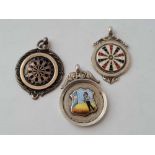 Three silver and enamel vintage darts medals 24.6g inc