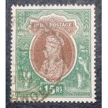 INDIA SG263 (1937). 15R issue. Key value, fine used. Cat £110