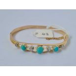 A ANTIQUE VICTORIAN TURQUOISE AND DIAMOND SET BANGLE 15CT GOLD