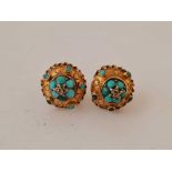A pair of early turquoise and diamond earrings 15ct gold