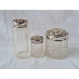 Three embossed top jars with glass bodies, Birmingham 1901 etc