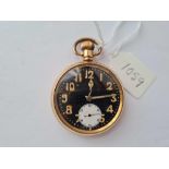 A 1920'S ROLLED GOLD GENTS POCKET WATCH BLACK FACED WITH SECONDS DIAL W/O