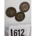 Three small silver British Colonial coins (India two annas 1905) Straits Settlement 5 cents 1919