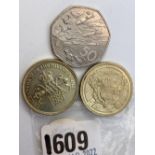 Modern commemorative coins; £2 (2), 50p (1)