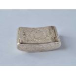 A small Georgian pill box of curved outline, scroll engraved, 1.5" wide, Birmingham 1808 by J