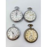 Three gents metal pocket watches and one stop watch