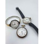 Two silver wrist watches one with seconds dial together with ladies silver fob watch