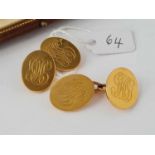 A PAIR OF HEAVY GOLD INITIALLED CUFFLINKS 18ct - 21 g. in Mappin & Webb box