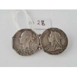 A silver double Victorian double coin brooch - 26 g.