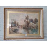 Henry Kinnard - Figures and Ducks by a River Bridge at Ludlow, 15" x 21", signed and inscribed